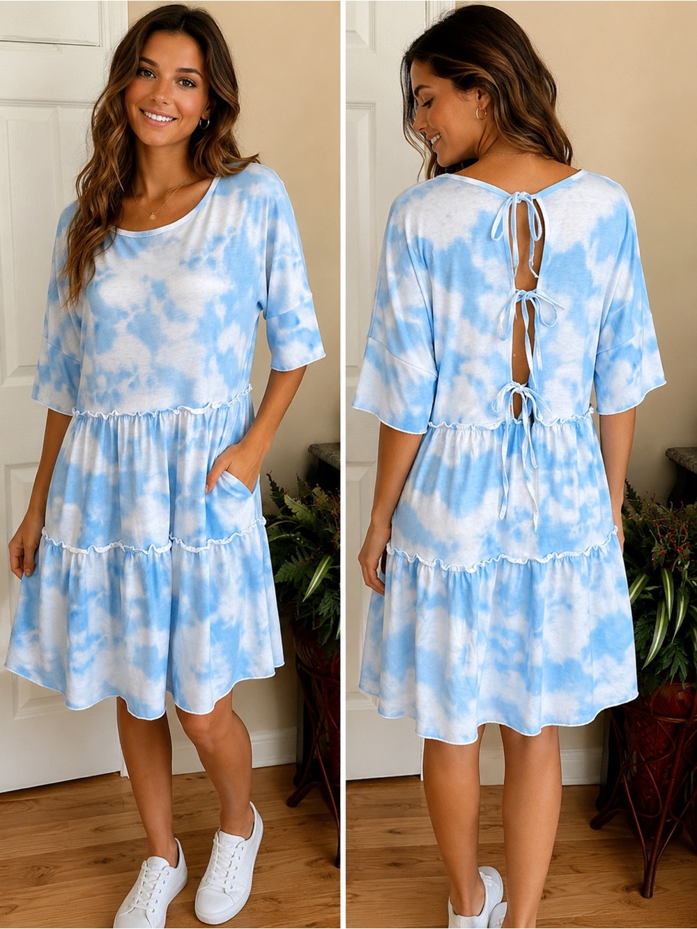 Blue & White Tie-Dye Tiered Dress | Open Tie Back. Medium